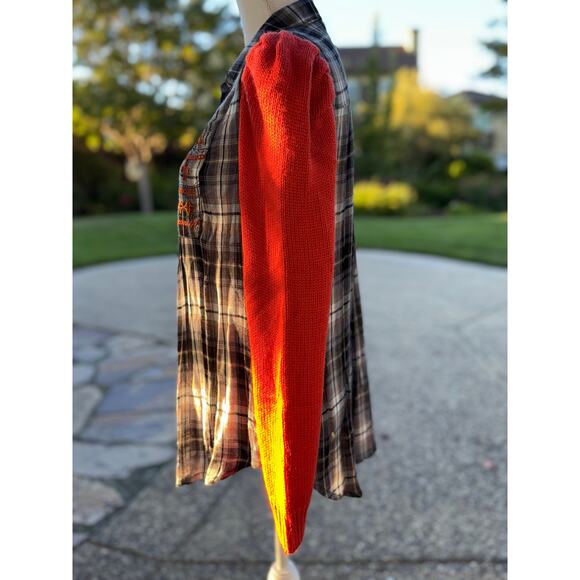 Upcycled Mystree Plaid Rayon Button Down with Sweater Puff Sleeves Size S-M - Picture 6 of 9